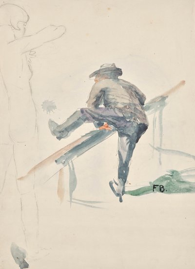 Mann, über ein Geländer kletternd und Umrisse eines Mädchenakts von Franz Barwig d. Ä.