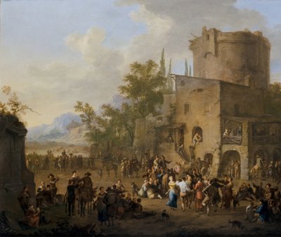 Eine italienische Stadtansicht mit tanzenden Figuren des Saltarello von Franz Ferg