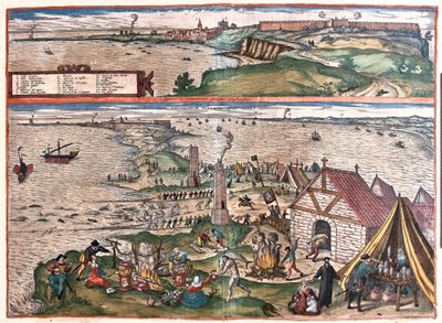 Cadiz, Spanien. (Oben: die Kapelle von St. Sebastian, unten: die Thunfischindustrie von Cadiz. In der Mitte die Wachtürme (Gravur) von Franz Hogenberg
