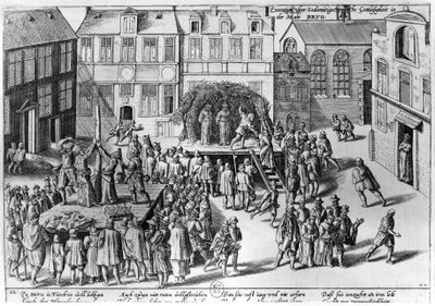 Scheiterhaufen in Brügge während der Regierung von Fernando Alvarez de Toledo, Herzog von Alba von Franz Hogenberg