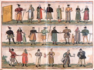Verschiedene Kostüme aus Dithmarschen und Umgebung, Deutschland (Gravur) von Franz Hogenberg