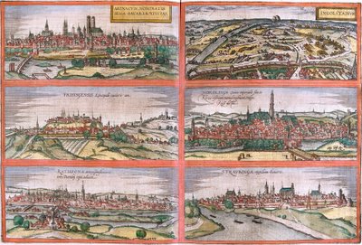 Ansichten von München (Monacum), Ingolstadt (Ingolstadium), Freising (Frisingensis), Nördlingen (Nordlinga), Regensburg (Ratispona) und Straubing (Stravbinga), Deutschland von Franz Hogenberg