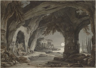 Ideale Landschaft mit Felsengrotte, Gräbern und Ruinen im Mondlicht, ca. 1790 von Franz Innocenz Josef Kobell