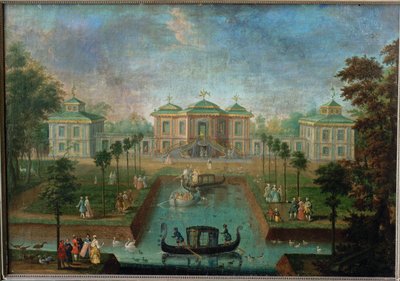 Hofleben im Park des Schlosses Augustusburg um das Indianerhaus, Blick von Osten von Franz Jakob Rousseau
