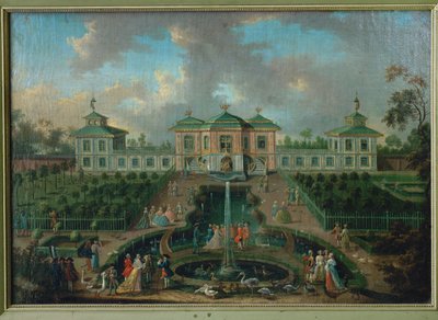 Hofleben im Park des Schlosses Augustusburg um das Indianerhaus, Blick von Westen von Franz Jakob Rousseau