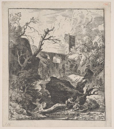 Tafel 2: zwei Figuren sitzen auf einem Baumstamm am Ufer eines Baches im Vordergrund, ca. 1700-25 von Franz Joachim Beich
