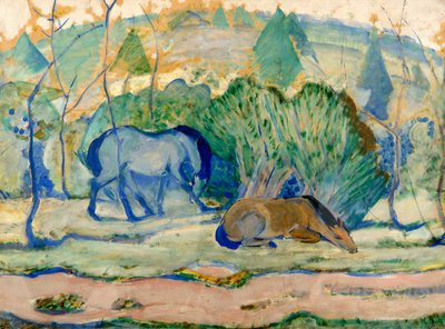 Pferde auf der Weide, Pferde in einer Landschaft von Franz Marc