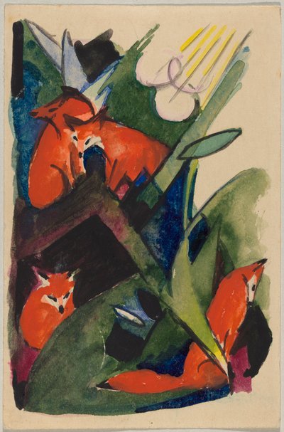 „Vier Füchse“, Franz Marc aus Sindelsdorf an Wassily Kandinsky in München: Postkarte, Poststempel 04.02.1913 von Franz Marc