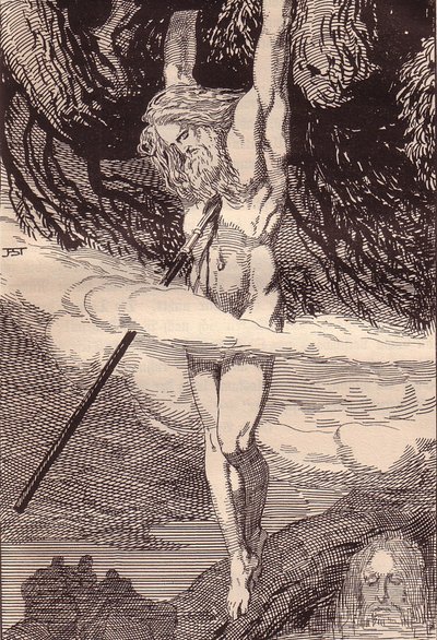 Odin hängt am Weltenbaum. Illustration für Die Edda: Germanische Götter und Helden von Hans von Wo von Franz Stassen