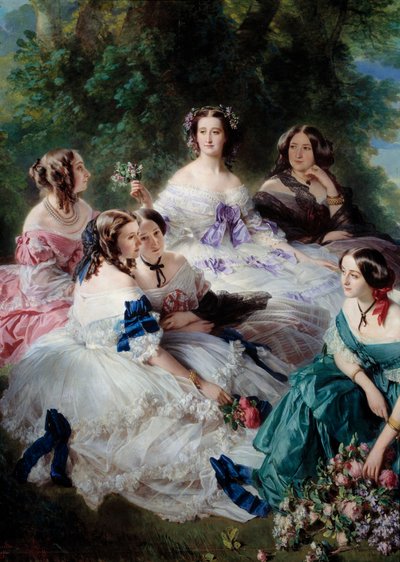 Die Kaiserin Eugenie (1826-1920) im Jahr 1855 umgeben von den Ehrendamen des Detailpalastes, die Prinzessin von Essling, die Baronin von Steinen, die Viscountess Lezay-Marnesia, der Kaiser oben in Weiß und die Marquise von Montebello von Franz Xaver Winterhalter