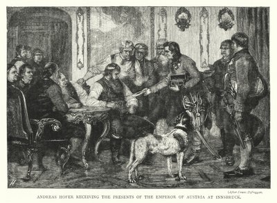 Andreas Hofer empfängt die Geschenke des Kaisers von Österreich in Innsbruck (Gravur) von Franz von (after) Defregger