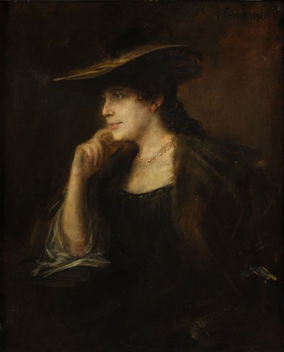 Porträt einer jungen Dame mit Pelzkragen und weitrandigem Hut von Franz von Lenbach