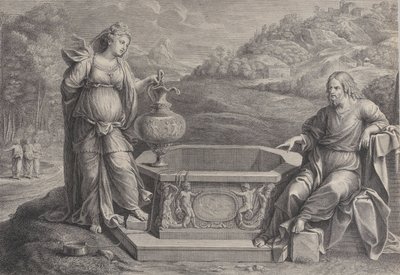 Christus, sitzend rechts, und die Frau von Samaria, die links steht, ca. 1729 von Frédéric Horthemels