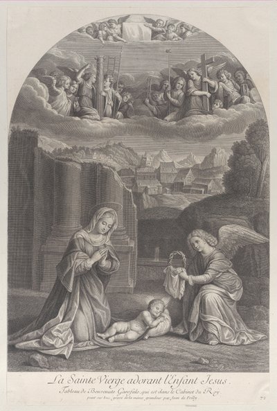 Die Jungfrau Maria betet das Christkind an, ein Engel hält rechts eine Dornenkrone, ca. 1729 von Frédéric Horthemels