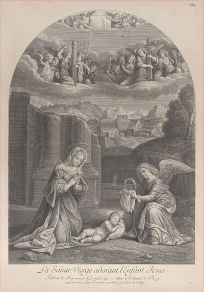 Die Jungfrau Maria, die das Christkind anbetet, ein Engel hält rechts eine Dornenkrone von Frédéric Horthemels