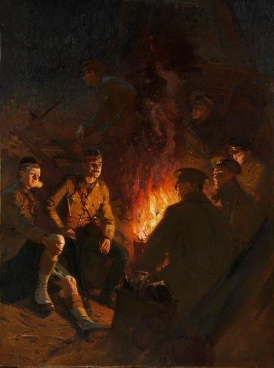 Irgendwo an der Front, Soldaten um ein Lagerfeuer in der Nacht, Westfront von Fred Roe