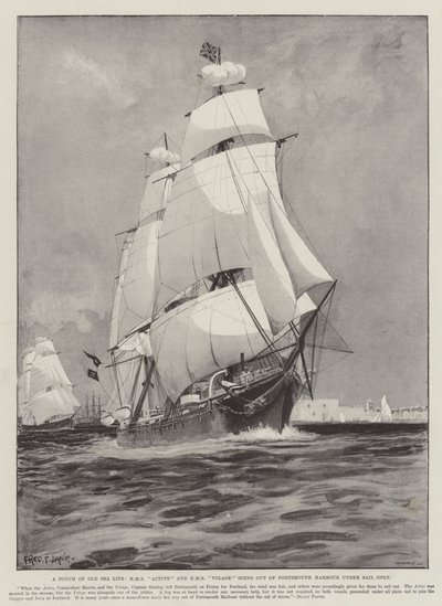 Ein Hauch von altem Seemannsgarn, HMS Active und HMS Volage verlassen den Hafen von Portsmouth nur unter Segeln von Fred T. Jane
