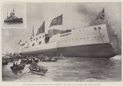 Der Stapellauf unseres größten Schlachtschiffs, HMS Formidable, das Schiff nach dem Verlassen der Werft von Fred T. Jane