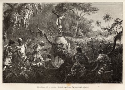Abd es Samate, Freund und Leutnant von Mounza, König der Mombuttous, fordert seine Feinde, die Zandes (oder Niam Niam), die ihnen den Krieg erklärt haben, heraus, Gravur nach der Zeichnung von Laguillermie, zur Illustration einer Reise ins Herz Afrikas 186 von Frederic Auguste Laguillermie