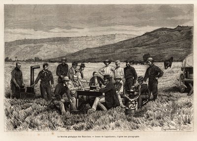 Die geologische Mission der Vereinigten Staaten ist jung in der Ebene, geätzt nach der Zeichnung von Laguillermie, zur Illustration einer Reihe von geografischen Missionen durch den United States National Park, von 1870 bis 1872, von Herren Hayden, Doane u von Frederic Auguste Laguillermie