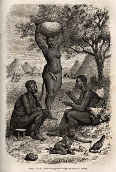 Typen und Aktivitäten der Frauen Bongos (Zentral-Sudan), mit ihrem Metallschmuck, Glocken und Klammern, die sie an ihren Ohren und Lippen tragen, Gravur nach der Zeichnung von Laguillermie, zur Illustration der Reise ins Herz Afrikas 1868-1871, von Dr. Geo von Frederic Auguste Laguillermie
