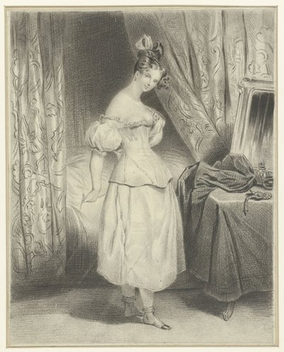Junge Frau im Schlafzimmer, die ihr Korsett löst von Frederic Bouchot
