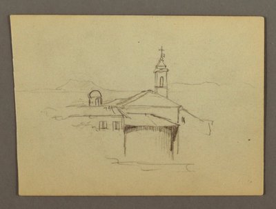 Kirchturm angrenzende Gebäude, möglicherweise 1868–69 von Frederic Edwin Church