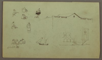 Zeichnung, Figurenstudien, Segelboot, Architekturstudien, möglicherweise 1868 von Frederic Edwin Church