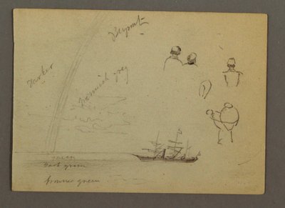 Zeichnung, Figurenstudien, Segelschiff, Regenbogen, möglicherweise 1868 von Frederic Edwin Church