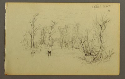 Zeichnung, Htakie (?) Teich, zwei Personen im Kanu, 1845 von Frederic Edwin Church
