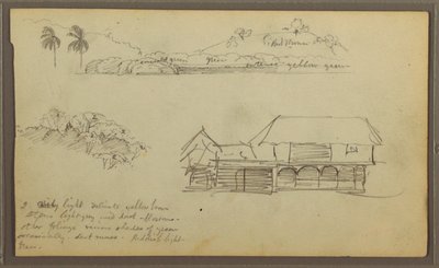 Zeichnung, Landschaft, Baumwipfel, Haus, 1857 von Frederic Edwin Church