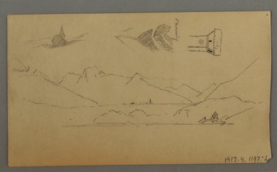 Zeichnung, Mittelalterliche Burg, Zwei Türme, Figurenstudien, in der Nähe von Thun, möglicherweise 1868 von Frederic Edwin Church