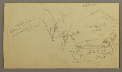Zeichnung, Bergtal, Brücke, Gebäude, möglicherweise 1868–69 von Frederic Edwin Church