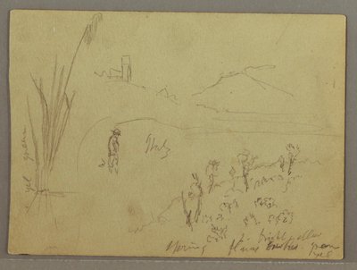 Zeichnung, Skizzen aus Italien: Gebäude mit Turm, Berg und Mann, 29. April 1869 von Frederic Edwin Church