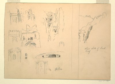 Zeichnung, Zehn Studien von Gräbern und eine Ansicht von Felsen, Petra, Jordanien, 26. Februar 1868 von Frederic Edwin Church