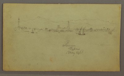 Zeichnung, Stadt an der Küste, Gebirgskette dahinter, 27. Mai 1868 von Frederic Edwin Church