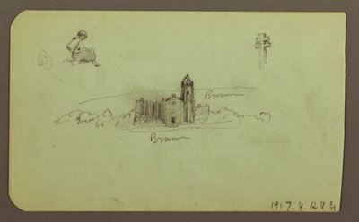 Hügel, Kirche, Brücke; Verso: Figur, Kreuz, Kirche, 1883 von Frederic Edwin Church