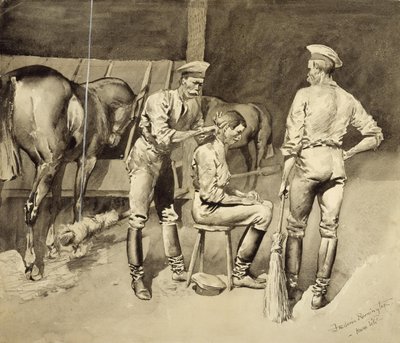 Ein Haarschnitt in einem Kavallerie-Stall von Frederic Remington