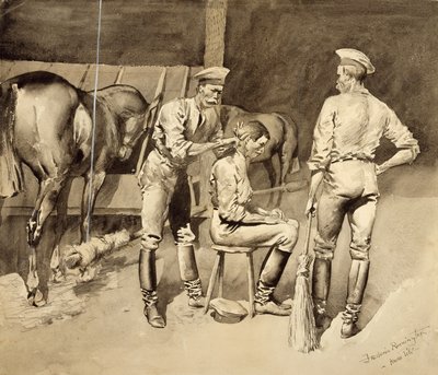 Ein Haarschnitt in einem Kavallerie-Stall, um 1893 von Frederic Remington