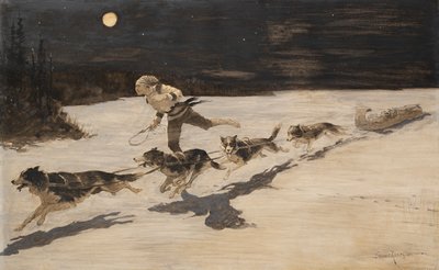 "Huskie" Hunde auf der gefrorenen Autobahn (Talking Musquash) von Frederic Remington