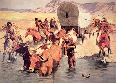 Indianer greifen einen Pionierwagenzug an von Frederic Remington