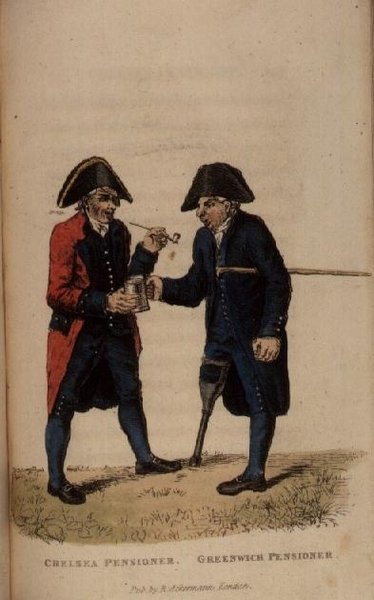 Ein Chelsea-Pensionär und ein Greenwich-Pensionär aus Ackermanns Welt im Miniaturformat von Frederic Shoberl