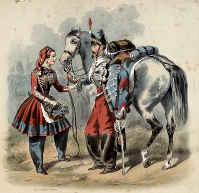 Die französische Armee und ihre Kantiniere: Husar und Kantiniere der Linieninfanterie. Gravur von Frederic Sorrieu von Frederic Sorrieu