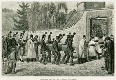 Begräbnis eines Bergarbeiters. Gravur von Lix zur Illustration der Geschichte „Durch Elsass und Lothringen“ 1887, von Charles Grad, deutscher Abgeordneter, in Le Tour du monde 1888, herausgegeben von Edouard Charton (1807-1890), Hachette, Paris. von Frederic Theodore Lix