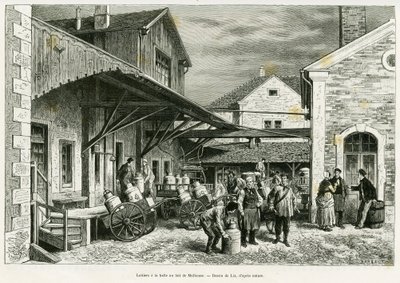 Molkerei in der Milchhalle von Mulhouse. Gravur von Lix zur Illustration der Geschichte „Durch Elsass und Lothringen“ von Charles Grad, deutscher Abgeordneter, 1885, in Le Tour du monde 1887, unter der Leitung von Edouard Charton (1807-1890), Hachette, Par von Frederic Theodore Lix