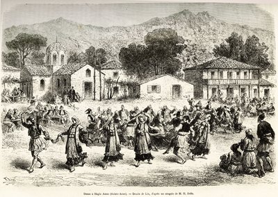 Volkstanz auf dem Dorfplatz Haggia Anna (St. Anne). Gravur nach der Zeichnung von Lix, um die Reise nach Griechenland zu illustrieren, von Henri Belle, in 1861-1868-1874, veröffentlicht in „Le tour du monde“ 1876, herausgegeben von Edouard Charton, Hachett von Frederic Theodore Lix