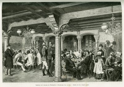 Innenansicht der Tiefenkeller-Taverne in Straßburg. Gravur von Lix zur Illustration der Geschichte „Durch Elsass und Lothringen“ von Charles Grad, veröffentlicht in Le Tour du monde 1888 von Frederic Theodore Lix