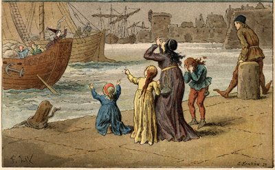 Volkslied: „A Nantes est arrivé“. Kinder trauern um ihre Mutter, die von einem Seemann entführt wurde. Illustration (Detail) von Frédéric Théodore Lix (1830-1897) in „Chansons et rondes enfantines des provinces de la France“. von Frederic Theodore Lix
