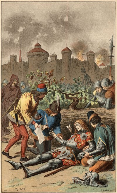Volkslied: „Es war der Großherzog von Maine“. Tod des Herzogs von Maine, durchbohrt von einem Pfeil. Illustration von Frédéric Théodore Lix (1830-1897) in „Chansons et rondes enfantines des provinces de la France“. von Frederic Theodore Lix