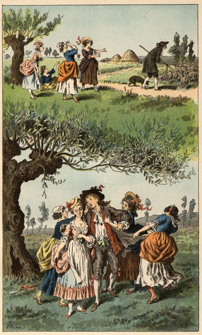 Volkslied: „Wir waren drei Mädchen“. Illustration von Frederic Theodore Lix (1830-1897) in „Chansons et rounds enfantines des provinces de la France“ von Frederic Theodore Lix